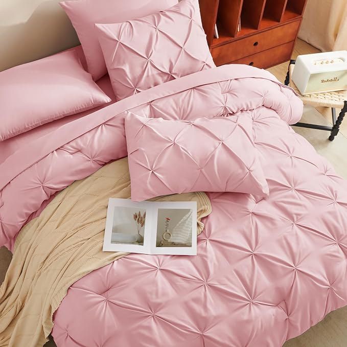 CozyLux Queen Comforter Set Pink, 7 Pieces Pintuck Bed in A Bag, Premium Pink - Image 7