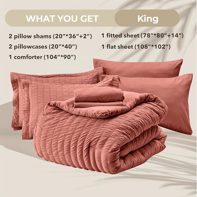 HYMOKEGE Coral King Size Comforter Set Seersucker 7 Pieces, All Season Luxury - Image 6