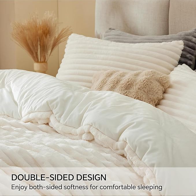 BEDELITE Fleece Oversized Queen Comforter Set -Super Soft & Warm Fluffy Cream - Image 4