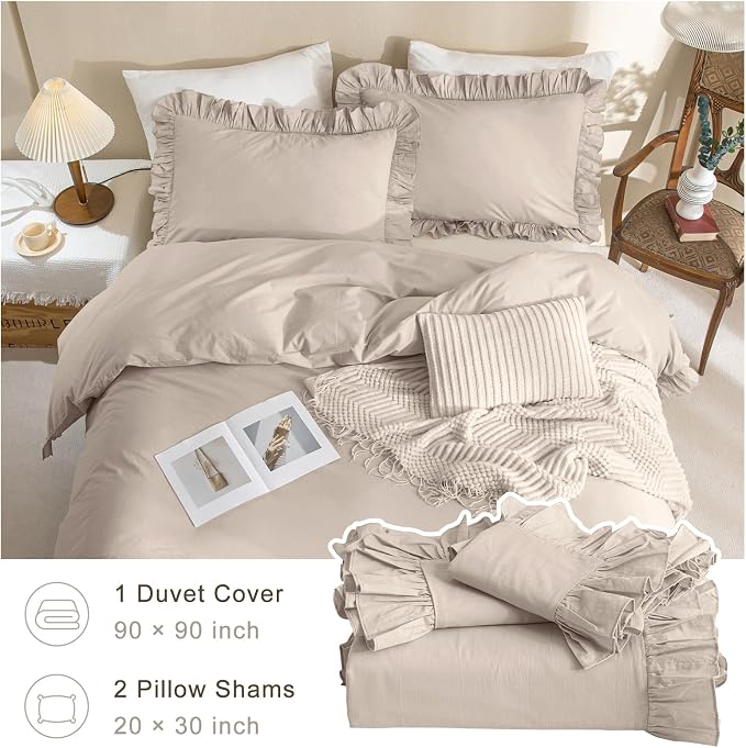 QSH Beige Khaki Ruffle Duvet Cover Queen Size Washed Cotton - Image 3