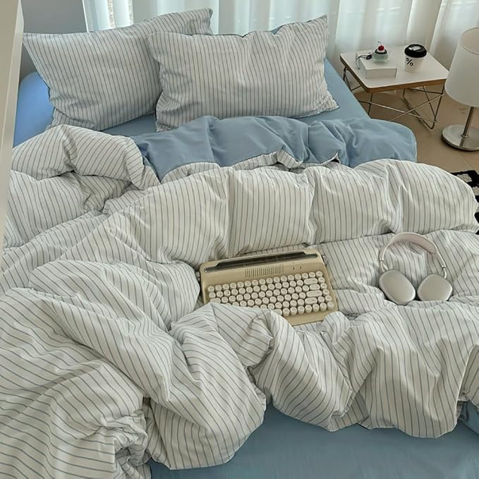 Nayoroom Blue Striped Duvet Cover Queen Size 100% Washed Cotton Duvet Cover - Image 3