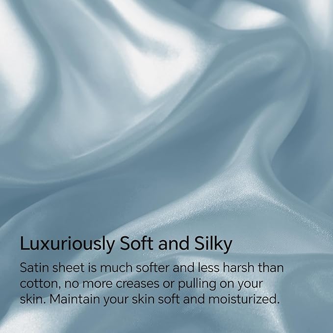 BEDELITE Satin Sheets Queen Size Bed Set, Luxury Soft Light Blue Silky Sheets - Image 3