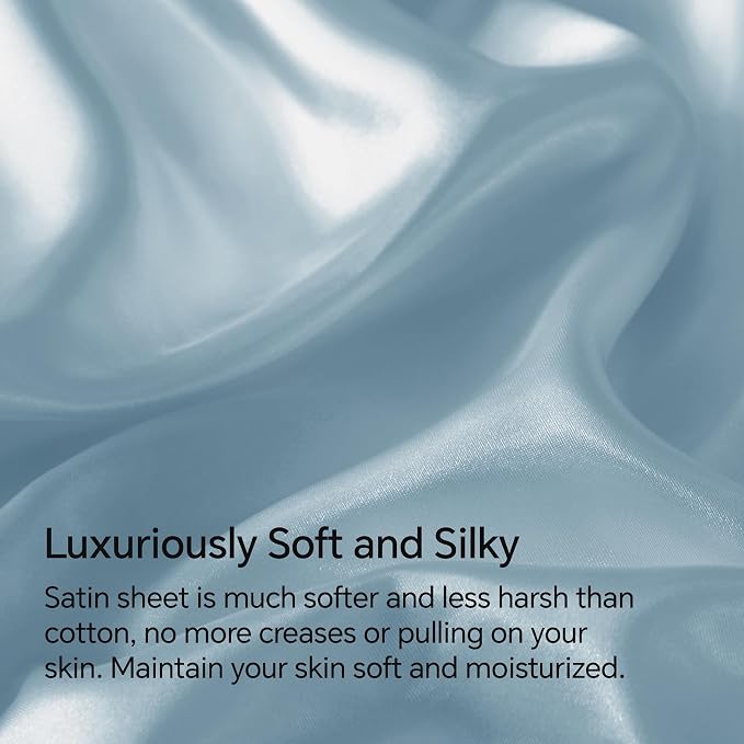 BEDELITE Satin Sheets Full Size Bed Set, Luxury Soft Light Blue Silky Sheet - Image 3