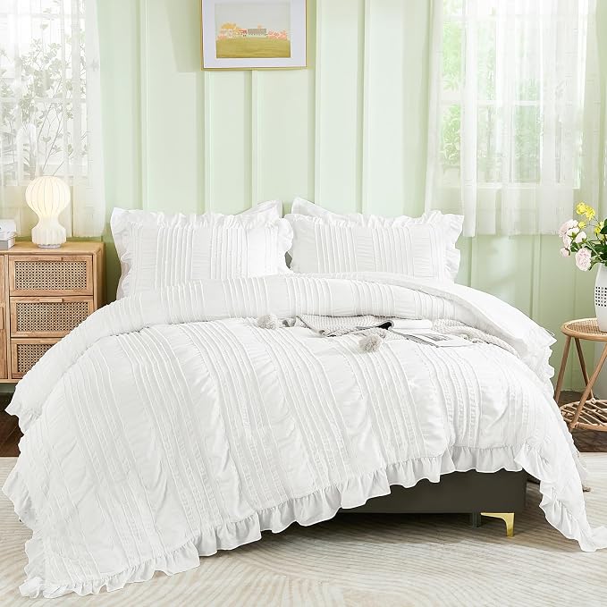 WONGS BEDDING White Comforter Set King, 3 Pieces Ruffle Farmhouse Shabby Chic by WONGSBEDDING