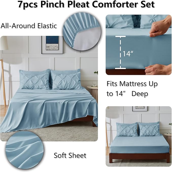 HIMEET Pintuck Bed in a Bag, 7 Pieces Full Size Comforter Set Light Blue - Image 6