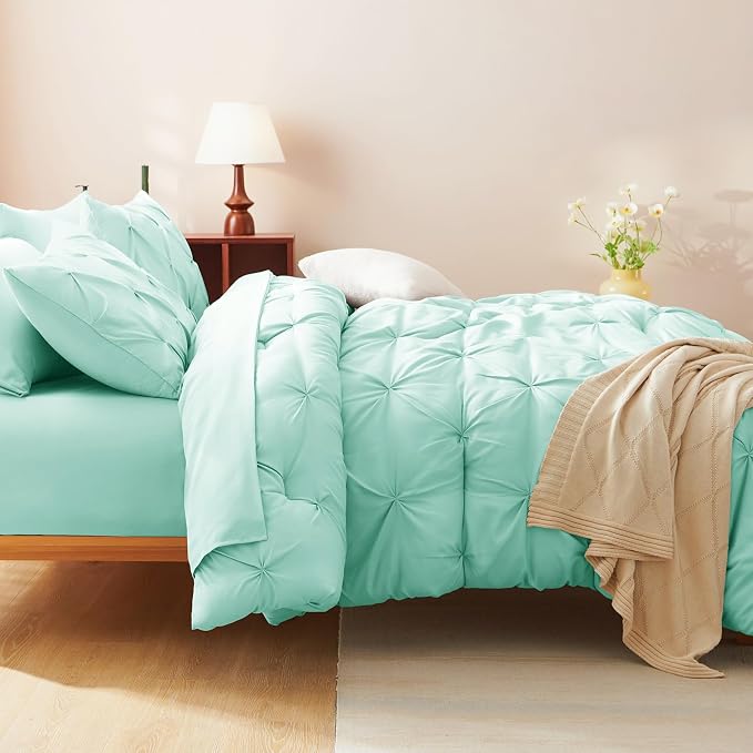 CozyLux Full Size Comforter Sets Mint Green, 7 Pieces Pintuck Bed in A Bag - Image 9