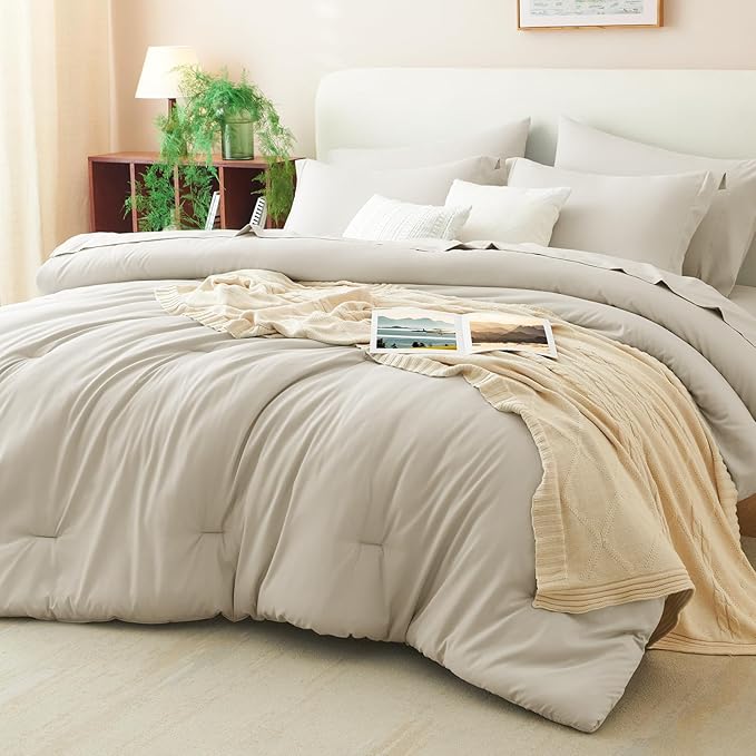 CozyLux Oversized King Comforter Set Beige, 7 Pieces Bed in a Bag Comforter Set by CozyLux