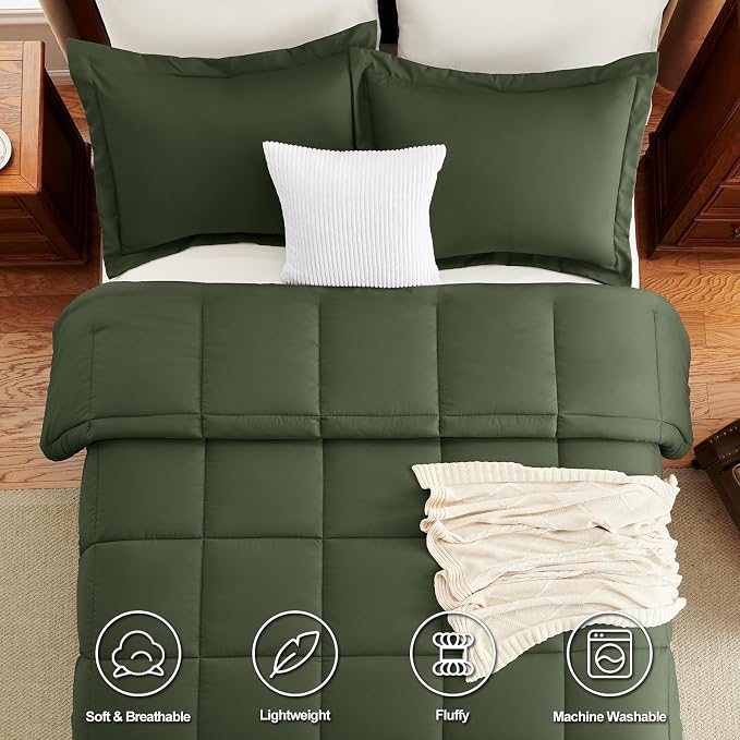 CozyLux Oversized King Comforter Set, 3 Pieces Olive Green 120x98 Box Stitched - Image 4