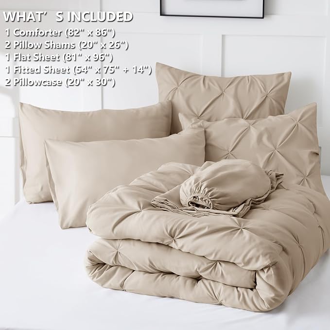 CozyLux Full Size Comforter Sets Wheat, 7 Pieces Pintuck Bed in A Bag Wheat - Image 6
