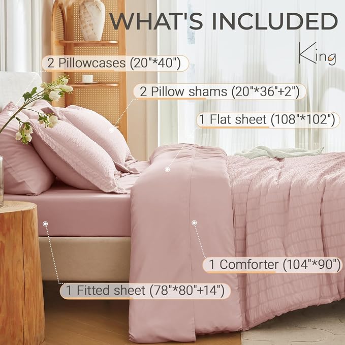 MUXHOMO 7 Pieces King Comforter Set, Seersucker Bed in a Bag King Size - Image 4