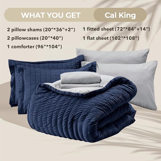 HYMOKEGE Navy Blue/Light Grey California King Comforter Set Seersucker 7 Pieces - Image 5