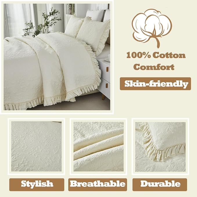 Brandream Cream Yellow White Quilt Set Queen Size Cotton Matelasse Bedding - Image 5