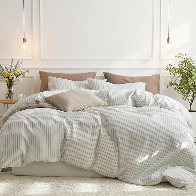 Nayoroom Striped Duvet Cover Queen Size 100% Washed Cotton White Green Stripe - Image 8