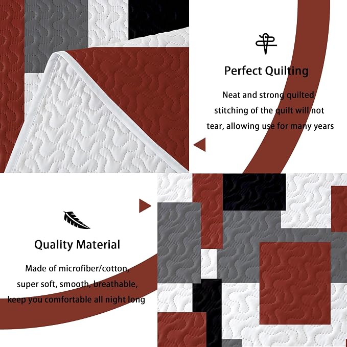 Tyrot 3 Piece Burnt Orange Grey Quilt Set Full/Queen Size Black White Gray - Image 4