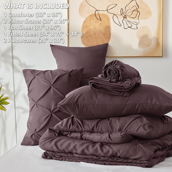 CozyLux Full Size Comforter Sets Cocoa Powder, 7 Pieces Pintuck Bed in A Bag - Image 6