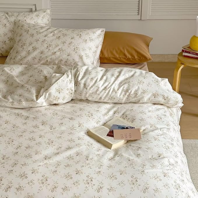 MKXI White Garden Duvet Cover Beige Floral 100% Cotton Coquette Duvet Cover - Image 4