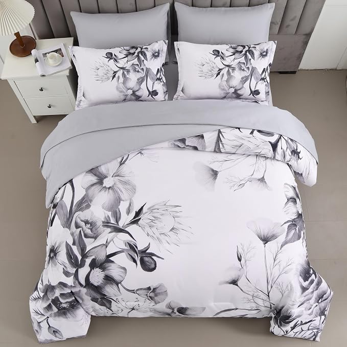Luxudecor Floral Comforter Set Twin Size 5 Piece, Elegant Ink Comforter Bedding - Image 3