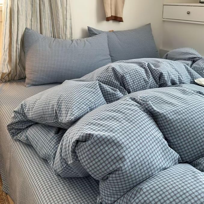 PinkMemory Blue Gingham Duvet Cover Set Queen 100% Washed Cotton Plaid - Image 4