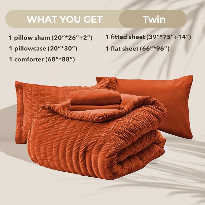 HYMOKEGE Burnt Orange Twin Comforter Set Seersucker 5 Pieces, All Season Luxury - Image 5