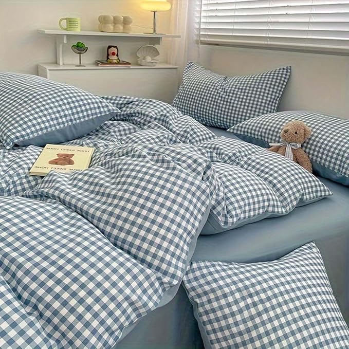 Nayoroom Blue Gingham Duvet Cover Queen Size Plaid Checkered Comforter Cover 3 - Image 4