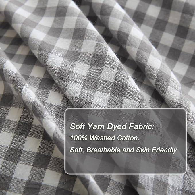 Silnuo Grey/White Checkered Ruffle 3-Piece Duvet Cover Set Queen Size, Washed - Image 6