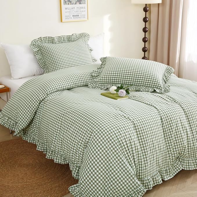 Silnuo Sage Green/White Plaid Ruffle Duvet Cover Queen Size, 100% Washed Cotton - Image 7