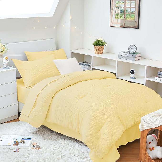 HYMOKEGE Yellow Twin XL Comforter Set Seersucker 5 Pieces, All Season Luxury by HYMOKEGE