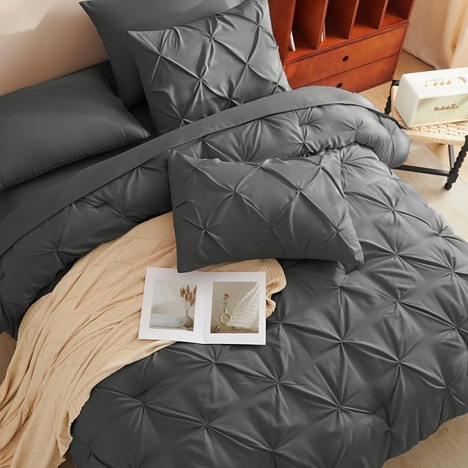 CozyLux Queen Comforter Set Dark Grey, 7 Pieces Pintuck Bed in A Bag, Premium - Image 4