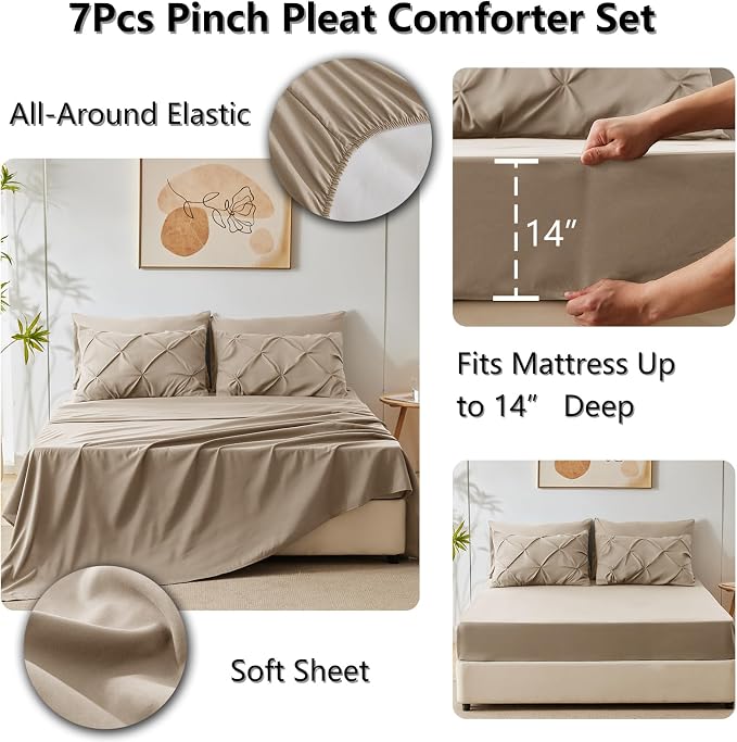 CozyLux Full Size Comforter Sets Khaki, 7 Pieces Pintuck Bed in A Bag Khaki - Image 4