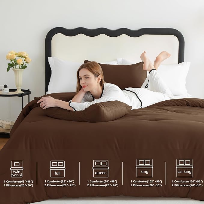 CozyLux Full Size Comforter Set Brown, 3 Pieces Solid Breathable Quilted - Image 6