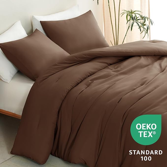CozyLux Full Size Comforter Set Brown, 3 Pieces Solid Breathable Quilted - Image 4