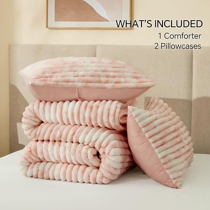 BEDELITE Fleece Queen Comforter Set -Super Soft & Warm Fluffy Pink&White Bedding - Image 6