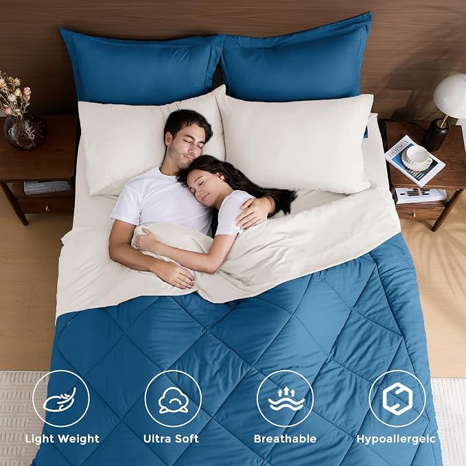 HEVUMYI Teal Blue & Ivory Queen Comforter Set - Image 2