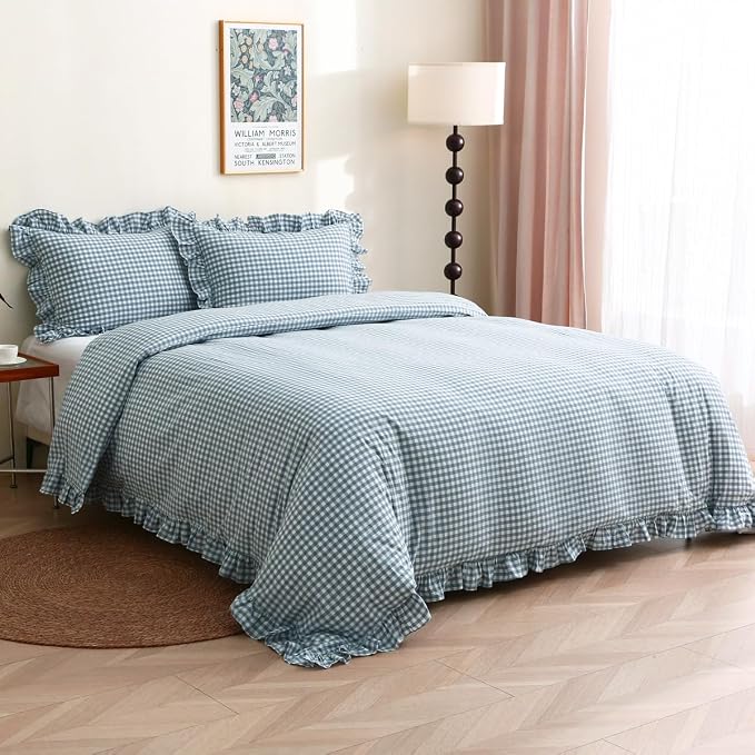 Silnuo Light Blue/White Plaid Ruffle Duvet Cover Set Twin Size, 100% Washed - Image 6
