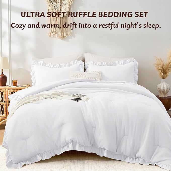 FUANNA Queen Comforter Set White 3 Pieces, Ruffle Shabby Chic Queen Bed Set - Image 5