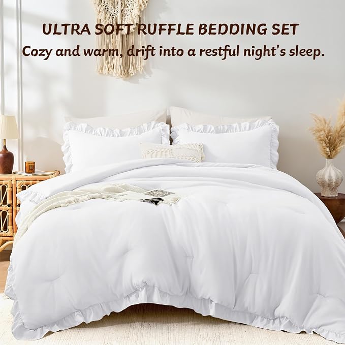 FUANNA King Size Comforter Set White, 3 Pieces Ruffle King Bedding Set - Image 5