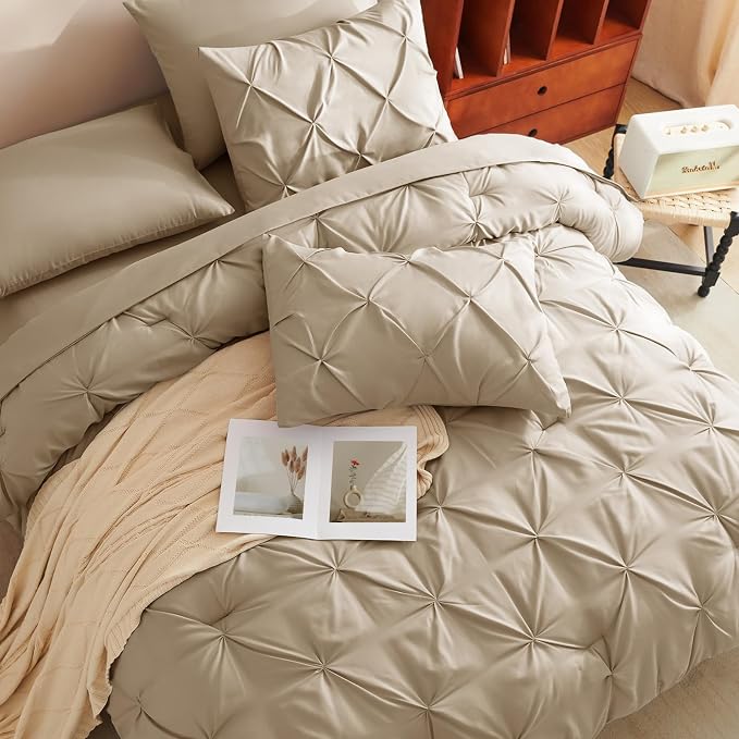CozyLux Queen Comforter Set Khaki, 7 Pieces Pintuck Bed in A Bag, Premium Khaki - Image 9