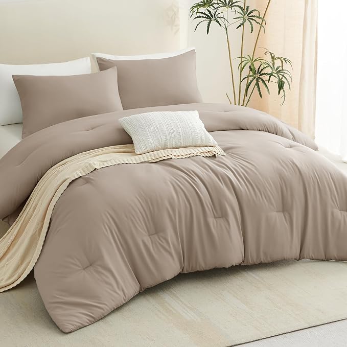 CozyLux Queen Comforter Set Khaki, 3 Pieces Solid Comforters Queen Size - Image 8