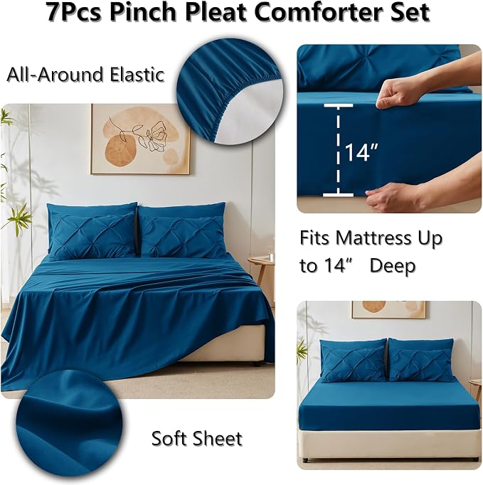 CozyLux Queen Comforter Set Teal, 7 Pieces Pintuck Bed in A Bag, Premium Teal - Image 6