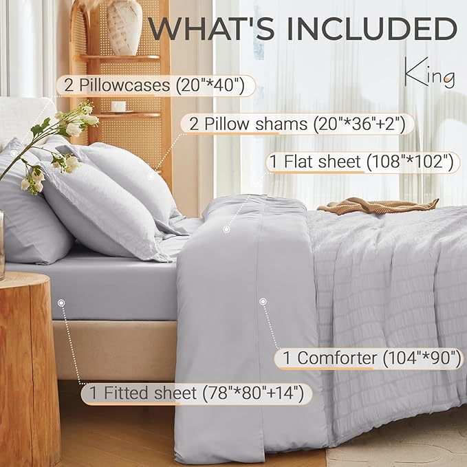 MUXHOMO 7 Pieces King Comforter Set, Seersucker Bed in a Bag King Size - Image 4