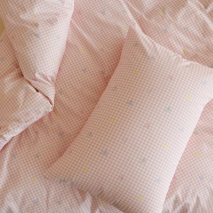 mixinni Gingham Duvet Cover Twin XL Size, 100% Cotton Light Pink and White - Image 6