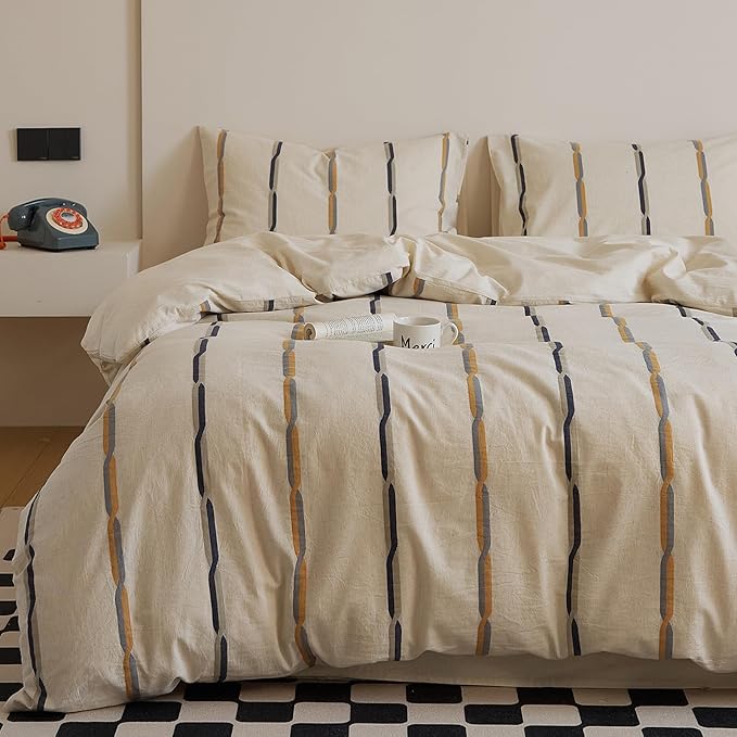 mixinni Cotton Linen Jacquard Duvet Cover Set Queen, 3-Piece Mid-Century Modern by mixinni