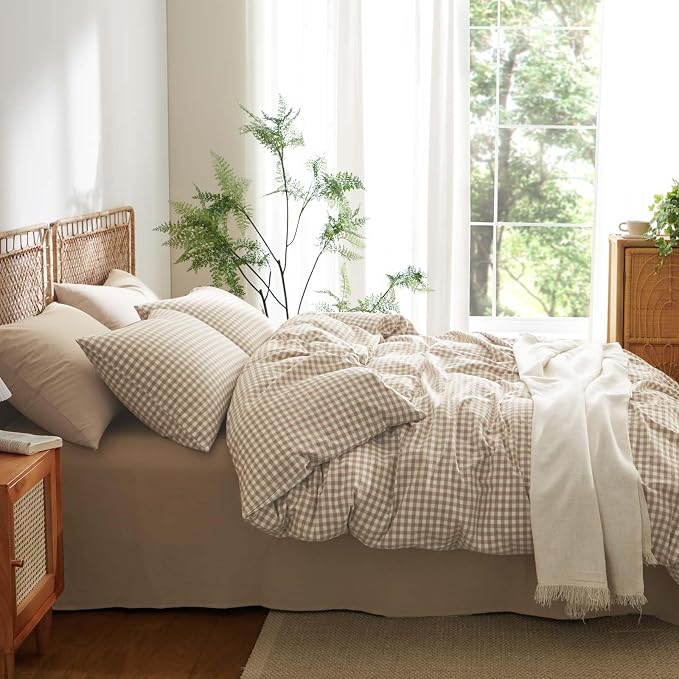 Nayoroom Gingham Duvet Cover Queen Size 100% Washed Cotton Brown Tan Plaid - Image 4