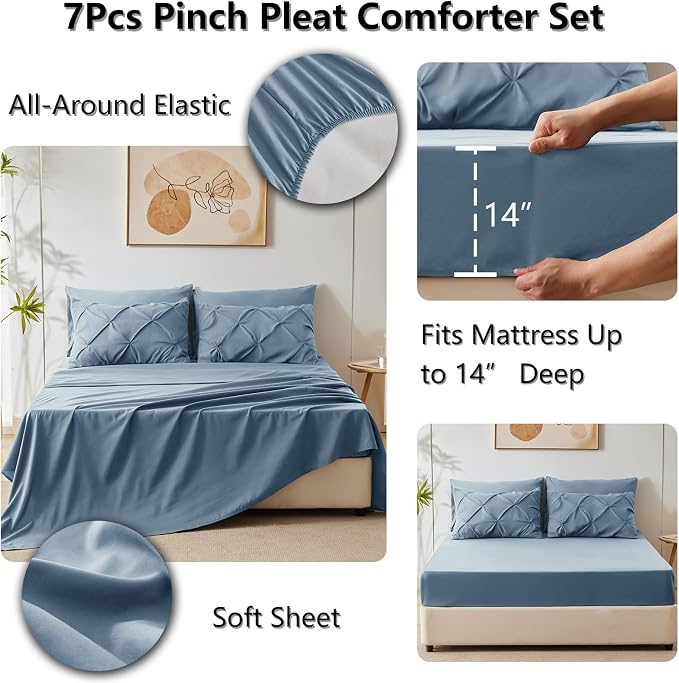 CozyLux King Size Comforter Set Mineral Blue, 7 Pieces Pintuck Bed in A Bag - Image 6