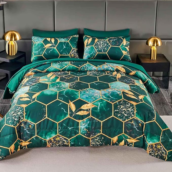 Nanko Emerald Dark Green Gold Printed Queen Size Comforter Set 3 Pcs - Image 6