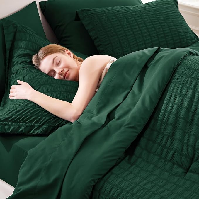CozyLux Oversized Queen Comforter Set Emerald Green Seersucker 7 Pieces 98x98 - Image 3