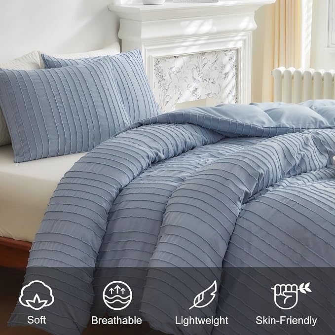 WARMDERN Blue Tufted Duvet Cover Set Queen Size, Striped Textured Duvet Cover - Image 3