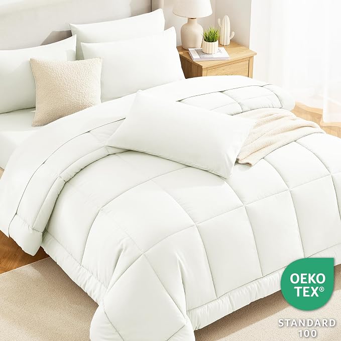 CozyLux Full Size Comforter Set Ivory, 7 Pieces Bed in a Bag, Ivory Comforter - Image 3