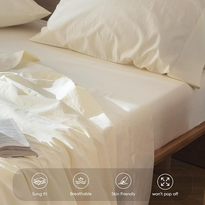 MooMee Fitted Bottom Sheet Only 100% Washed Cotton Linen Like Textured - Image 5