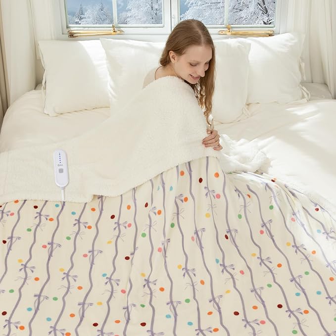 Purple Bow Heated Blanket Twin Size 62" x 84" by Vellubam